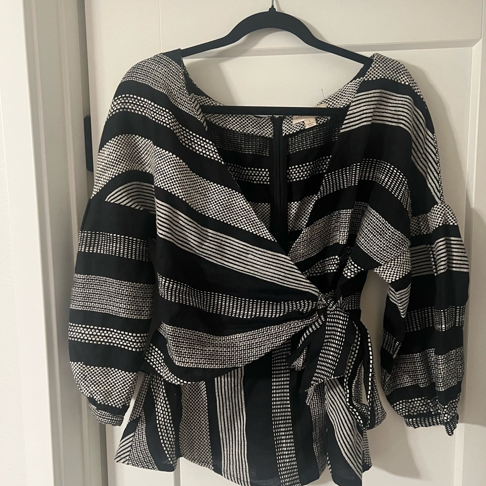 Woven Stripe Wrap Blouse - Black & White